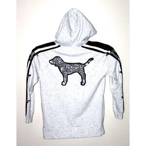 Pink Victorias Secret Hoodie Women XS Gray Bling Dog Sequin Satin Sleeve 1/2 Zip